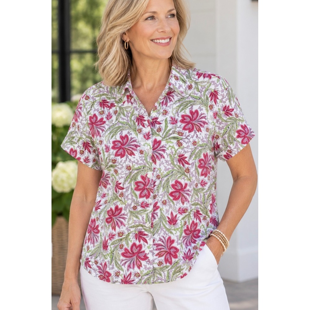 Talbots Pink Floral Button Down Shirt 14 Wrinkle Resistant Stretch Short Sleeve